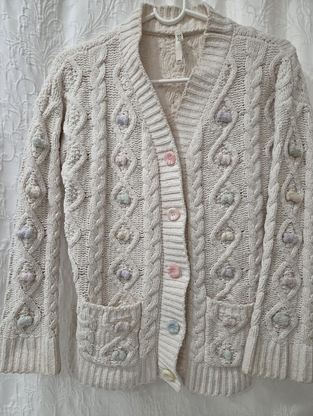 HODO Cream Cable Knit Cardigan Pastel Pom Pom Buttons Cottagecore Coquette S